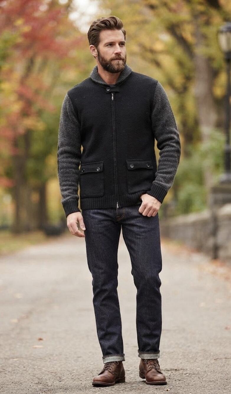 Tasso Elba Sweater Black Lambswool Cardigan Full Zip Mock Neck Elbow Patch L